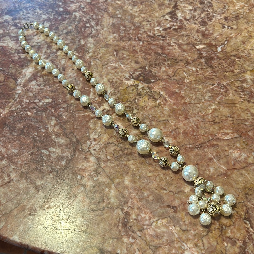 Women’s long Vintage necklace AB crystal beads faux pearls